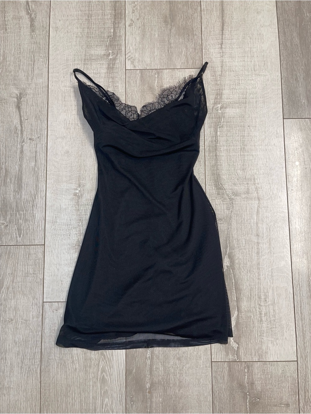 NWOT Black Cowl Neck Mesh Slip Dress with Lace lining detailing XS/Never Worn